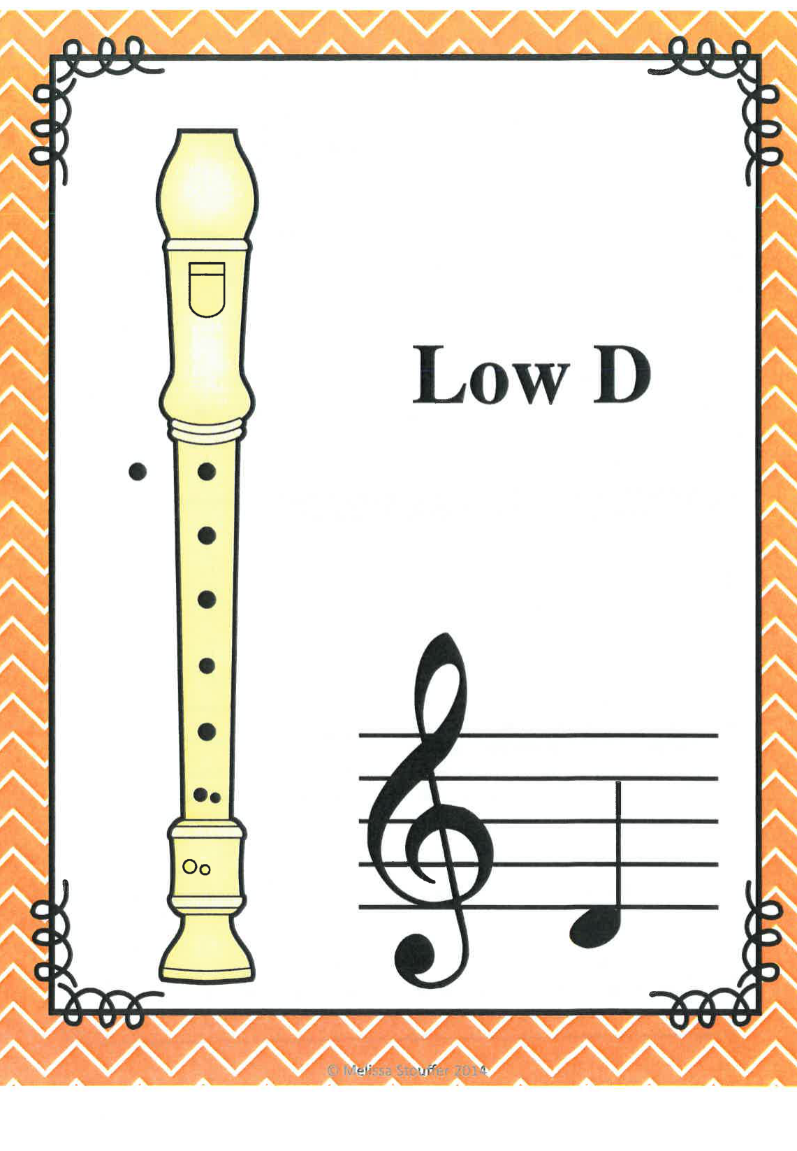 The low D fingering card: thumb hole and holes 1 to 6 covered, with D just below the staff