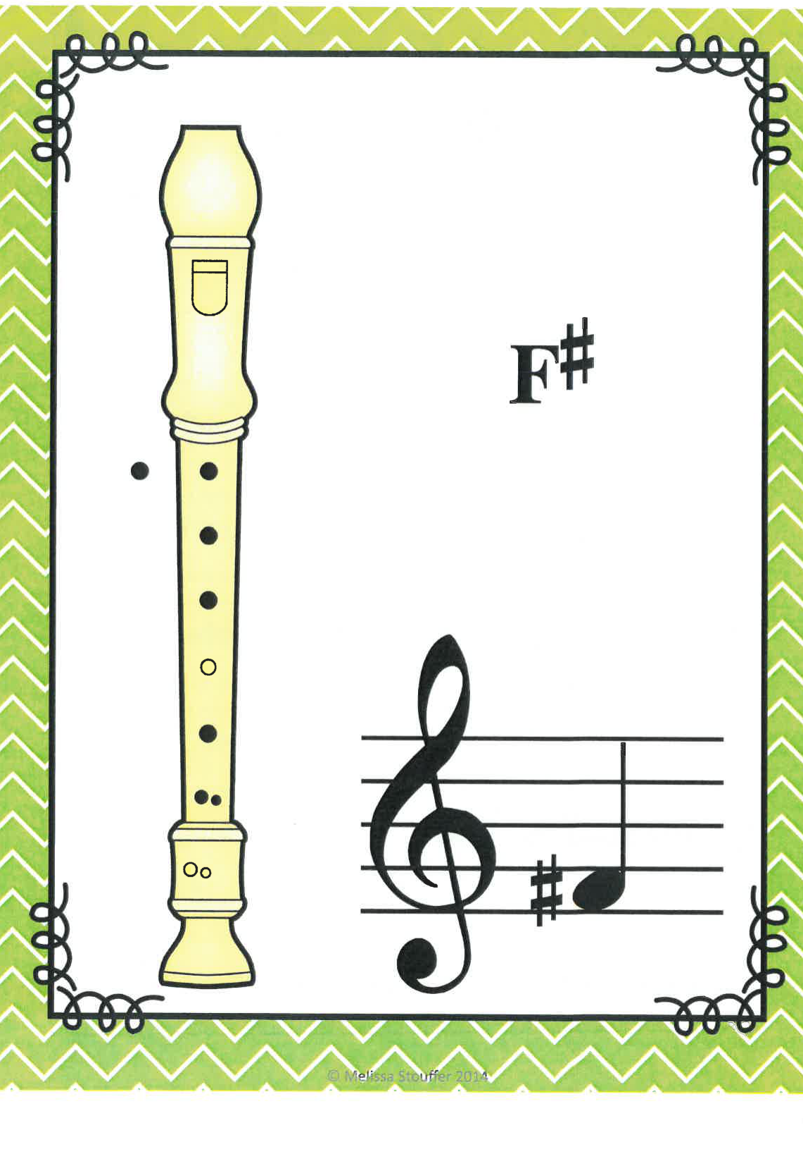 Recorder Book fingering card for F sharp: thumb, holes 1, 2, 3, 5 and 6 covered, hole 4 open, with the note in the bottom space of the staff