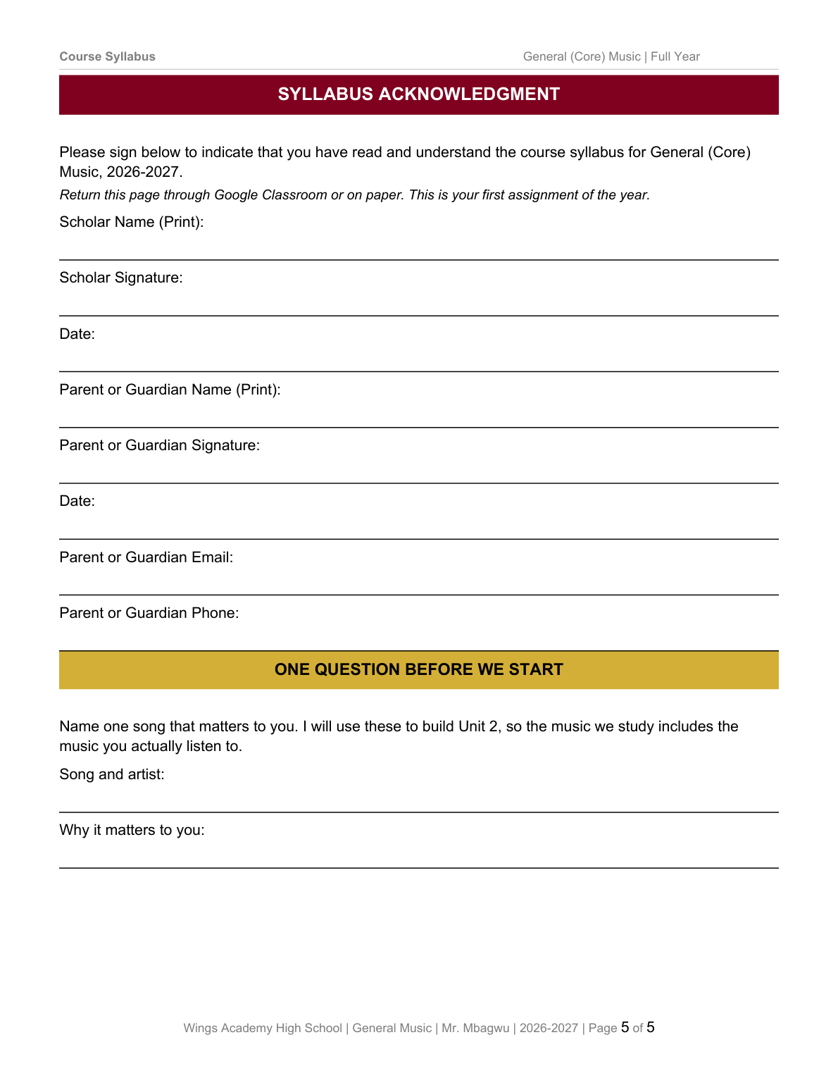The syllabus acknowledgment page: scholar name and signature, parent or guardian name, signature, email and phone, and the song question