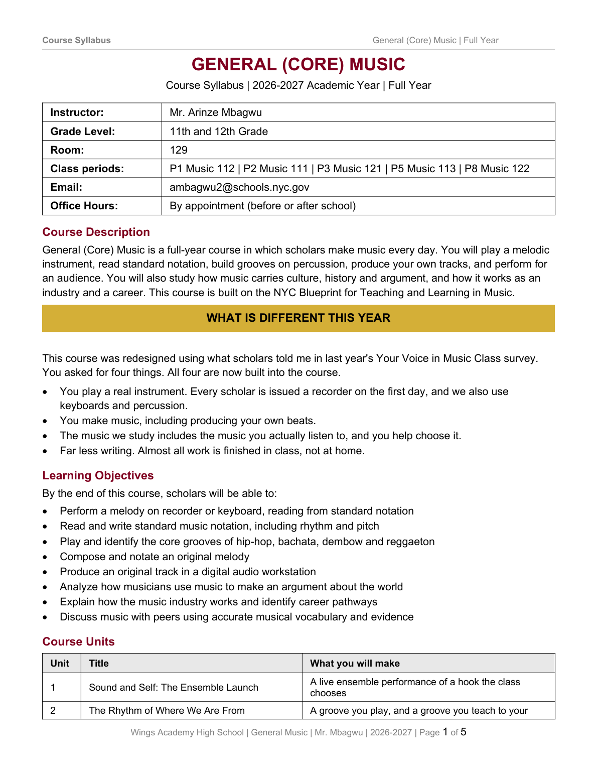 The first page of the General Music syllabus: course description, what is different this year, and the learning objectives