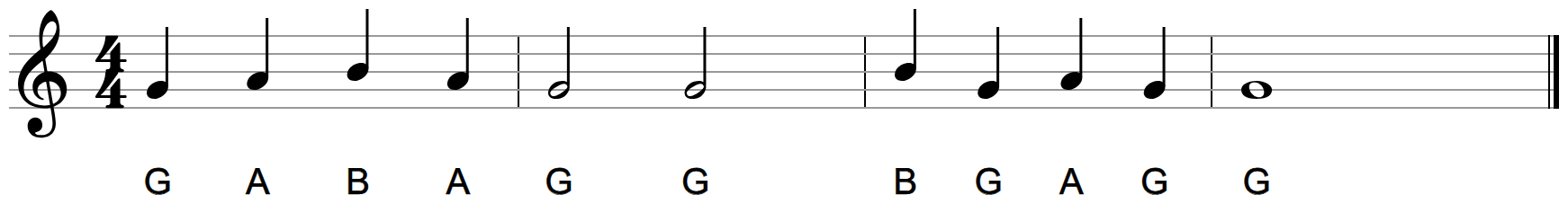 Four bars on the treble staff using G, A and B, ending on a whole note G