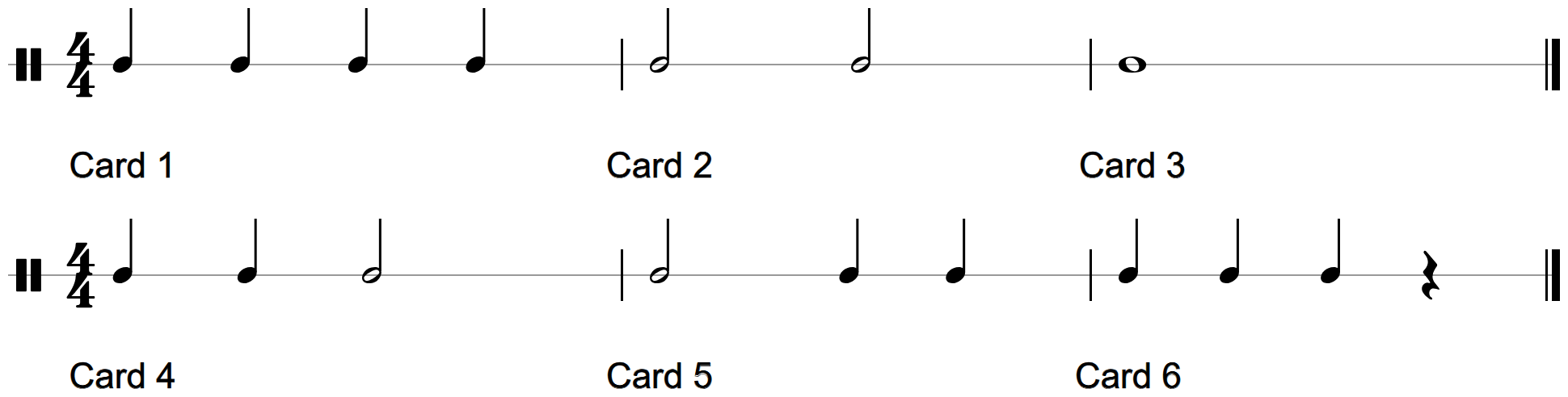 Six one-bar rhythm cards written on rhythm staves