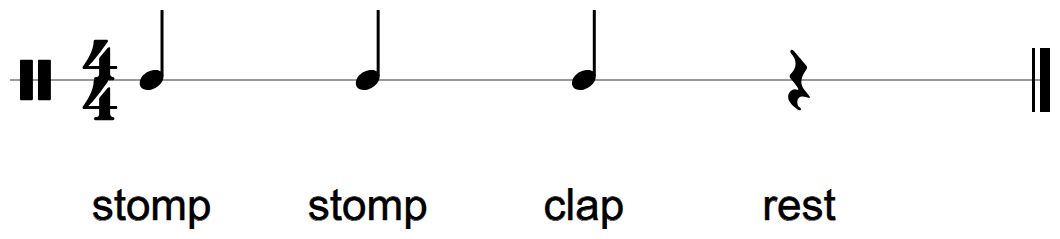 One bar on a rhythm staff: quarter note, quarter note, quarter note, quarter rest, labeled stomp, stomp, clap, rest