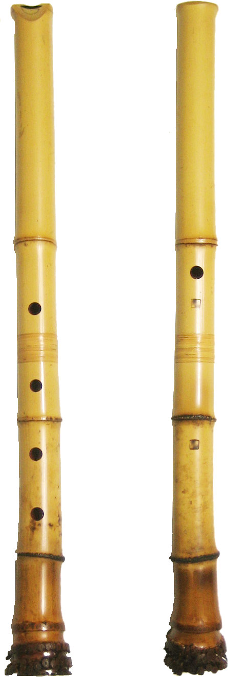 Two views of a bamboo shakuhachi flute standing upright, showing its finger holes
