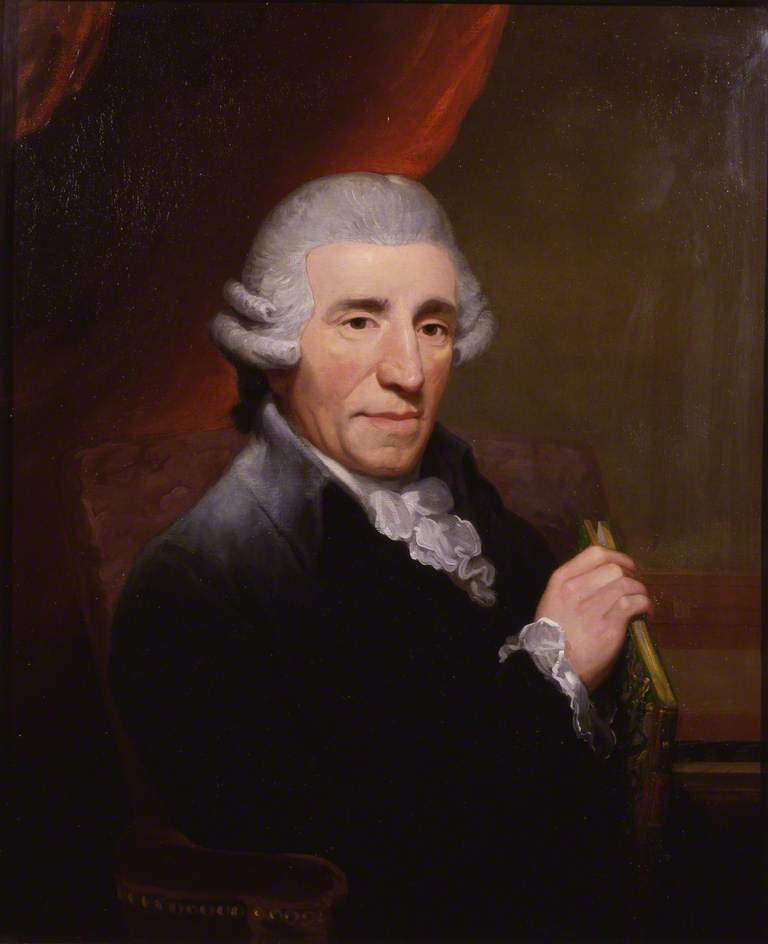 A painted portrait of Joseph Haydn in a white wig and dark coat, seated at a keyboard