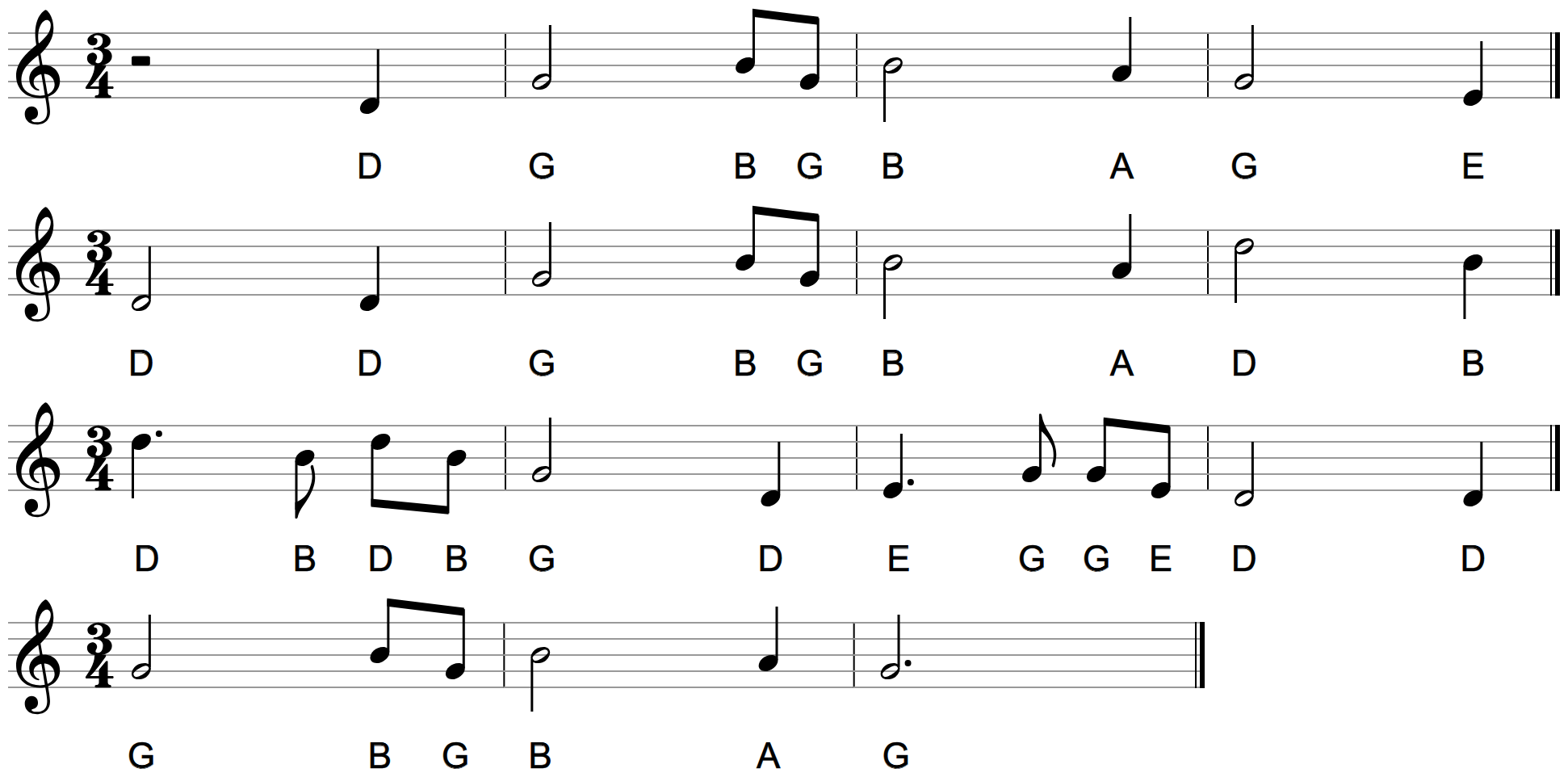 Amazing Grace in four lines on the treble staff in 3/4, with letter names under the notes