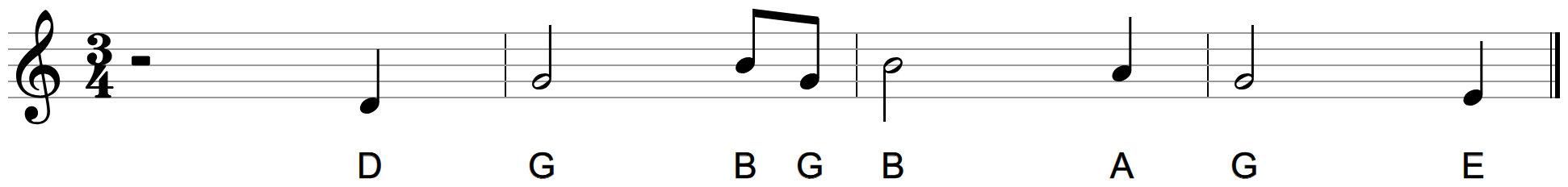 The first line of Amazing Grace on the staff in 3/4, starting with a pickup on D