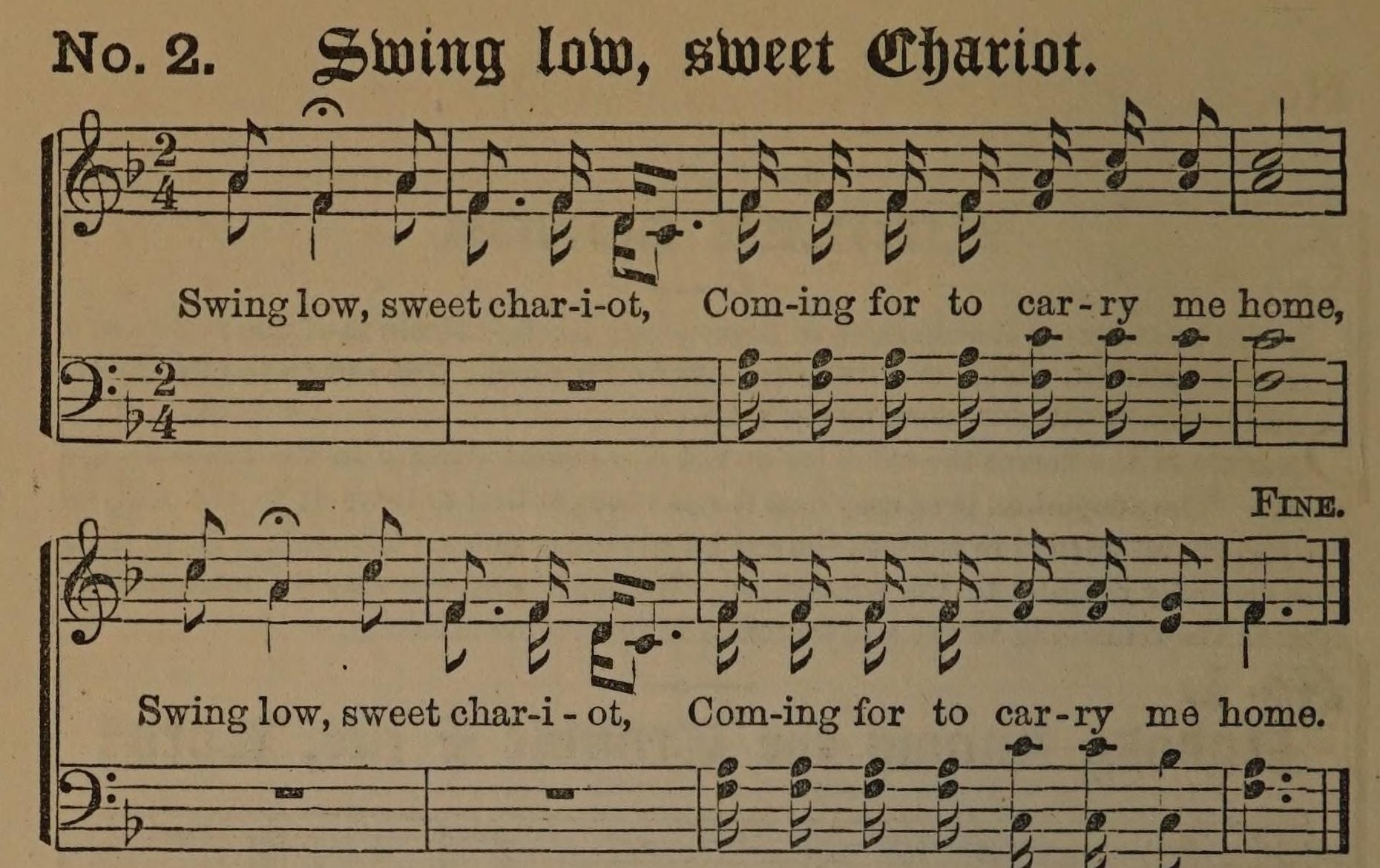 The chorus as printed in 1876: four voices on two staves; the lower staff rests for two bars, then joins