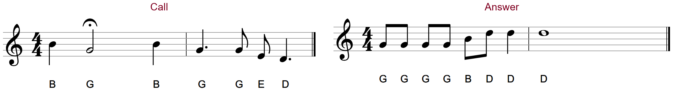 Line 1 of the chorus in G on the treble staff with letter names: a two-bar call with a fermata, then a two-bar answer
