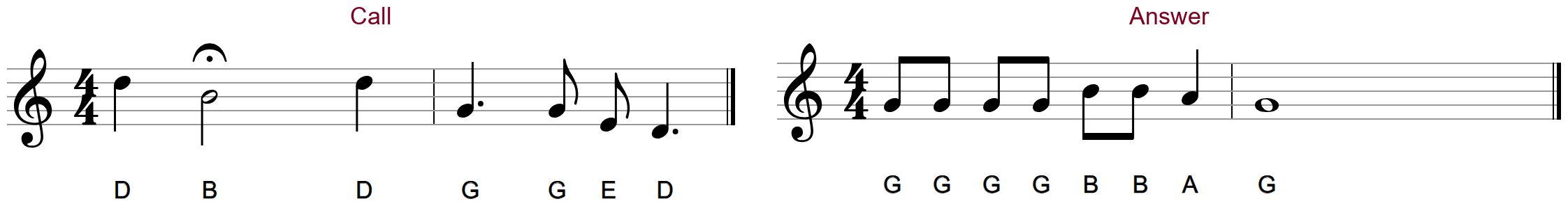 Line 2: call, then answer, ending on G