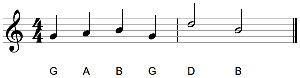 Card 1: G A B G, then high D and B as half notes
