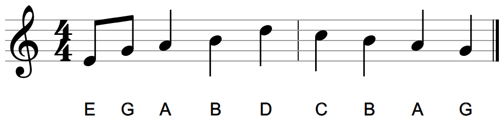 Reading card 10: two bars of eighth and quarter notes from low E up to high D and back down to G