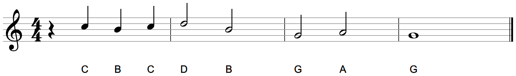 Line 4 of the Saints with letter names, ending on a whole note G