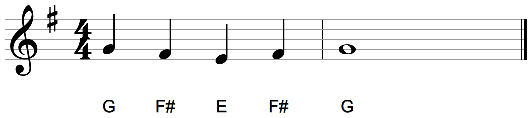 A short line with one sharp at the start on the top line; the F in it has no sharp sign but is labeled F sharp