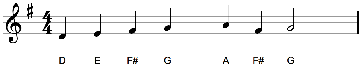 Line 2: the same notes with one sharp at the start of the line and no sharp signs on the notes
