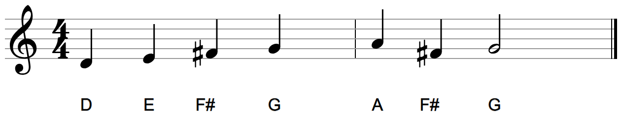 Line 1: D, E, F sharp, G, A, F sharp, G with a sharp sign in front of each F