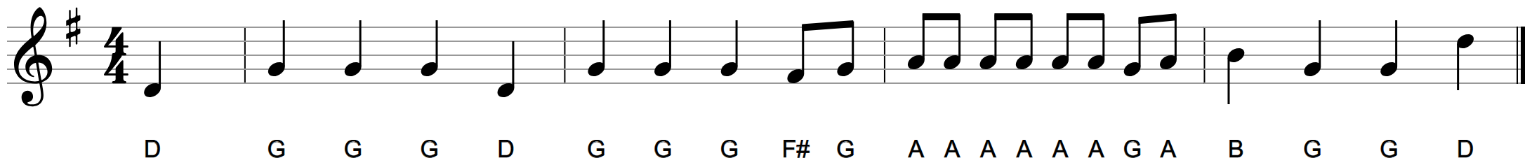 Ram Sam Sam line 1 in G: a pickup D, then four bars with the one F sharp at the end of bar 2
