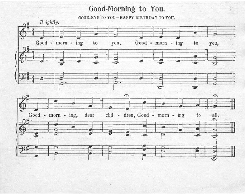 The 1912 printing of Good-Morning to You for voice and piano, with Good-bye to You and Happy Birthday to You listed as other verses