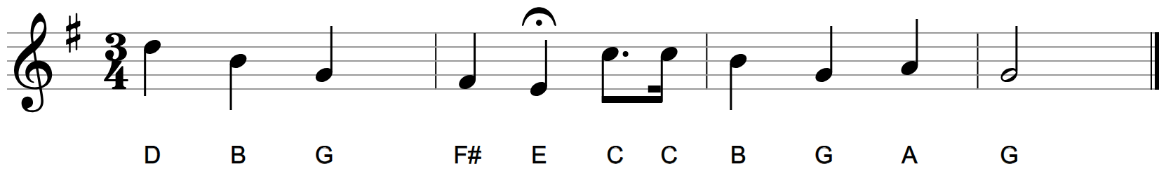 Line 2 of Happy Birthday: high D, B, G; F sharp and a held E with a fermata; a long-short C; B, G, A; G