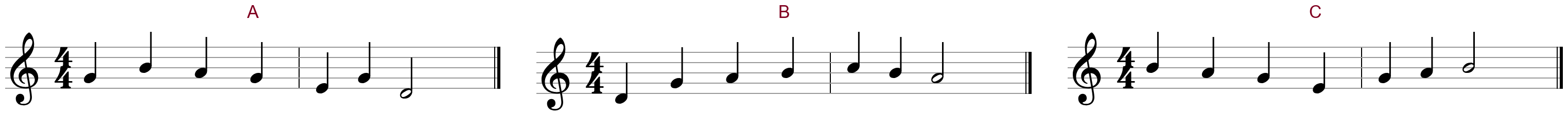 Three two-bar lines labeled A, B and C on the treble staff