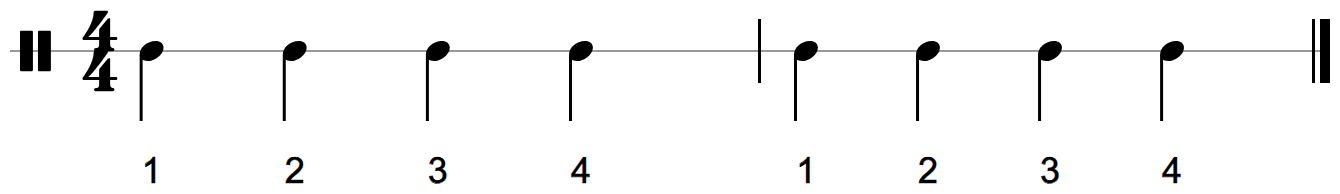 A one-line staff in 4/4 with two bars of quarter notes, counted 1 2 3 4 under each bar