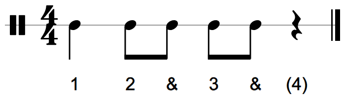 Rhythm card D: a quarter note, four eighth notes and a quarter rest with counts