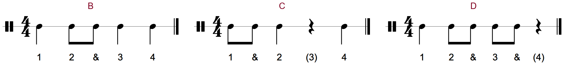 Rhythm cards B, C and D side by side, with counts under every note and rest