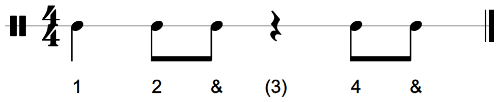 One bar on a one-line staff: a quarter note counted 1, two eighth notes counted 2 and, a quarter rest counted 3, two eighth notes counted 4 and