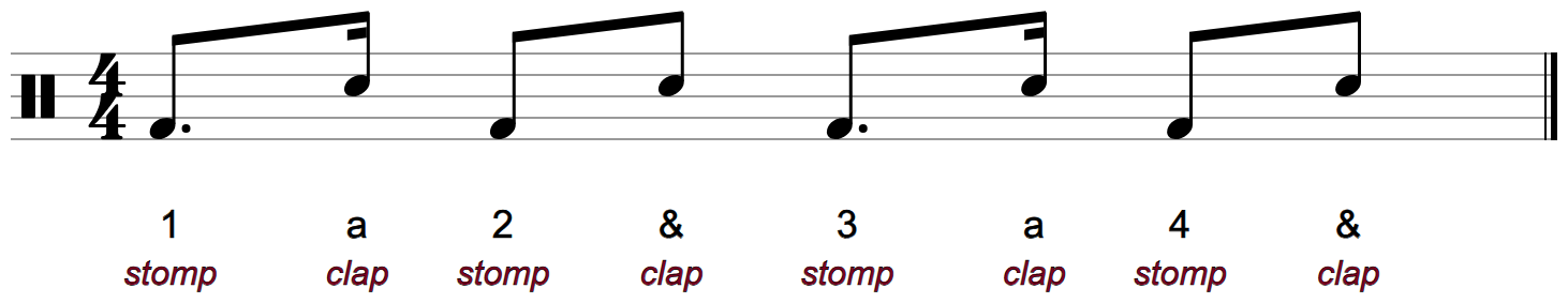 One bar of the dembow in drum notation: low kick notes on every beat, high snare notes on the a of 1, the and of 2, the a of 3 and the and of 4, with counts and the words stomp and clap underneath