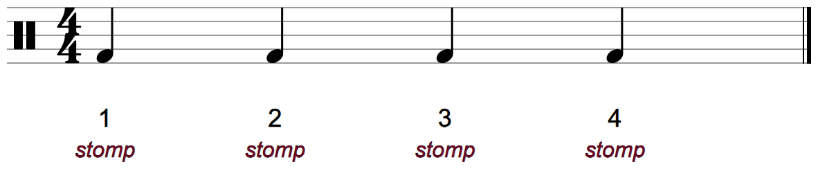 The kick alone: four quarter notes in the bottom space, counted 1 2 3 4, each marked stomp