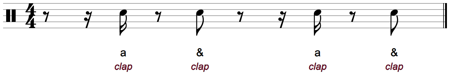 The snare alone: rests, then high notes on the a of 1, the and of 2, the a of 3 and the and of 4, each marked clap
