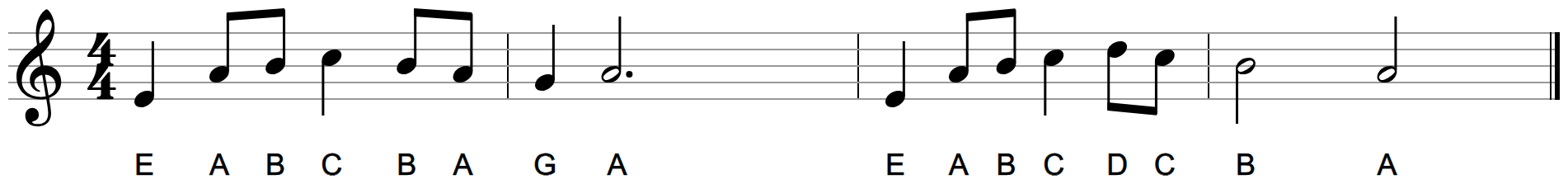 A four-bar melody on the treble staff with letter names under every note