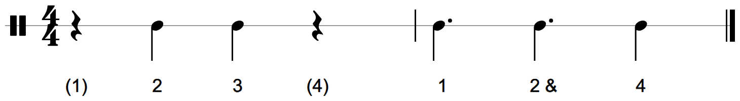 Son clave 2-3 on a one-line staff: bar one has rests on 1 and 4 and strokes on 2 and 3; bar two has three strokes on 1, 2 and and 4