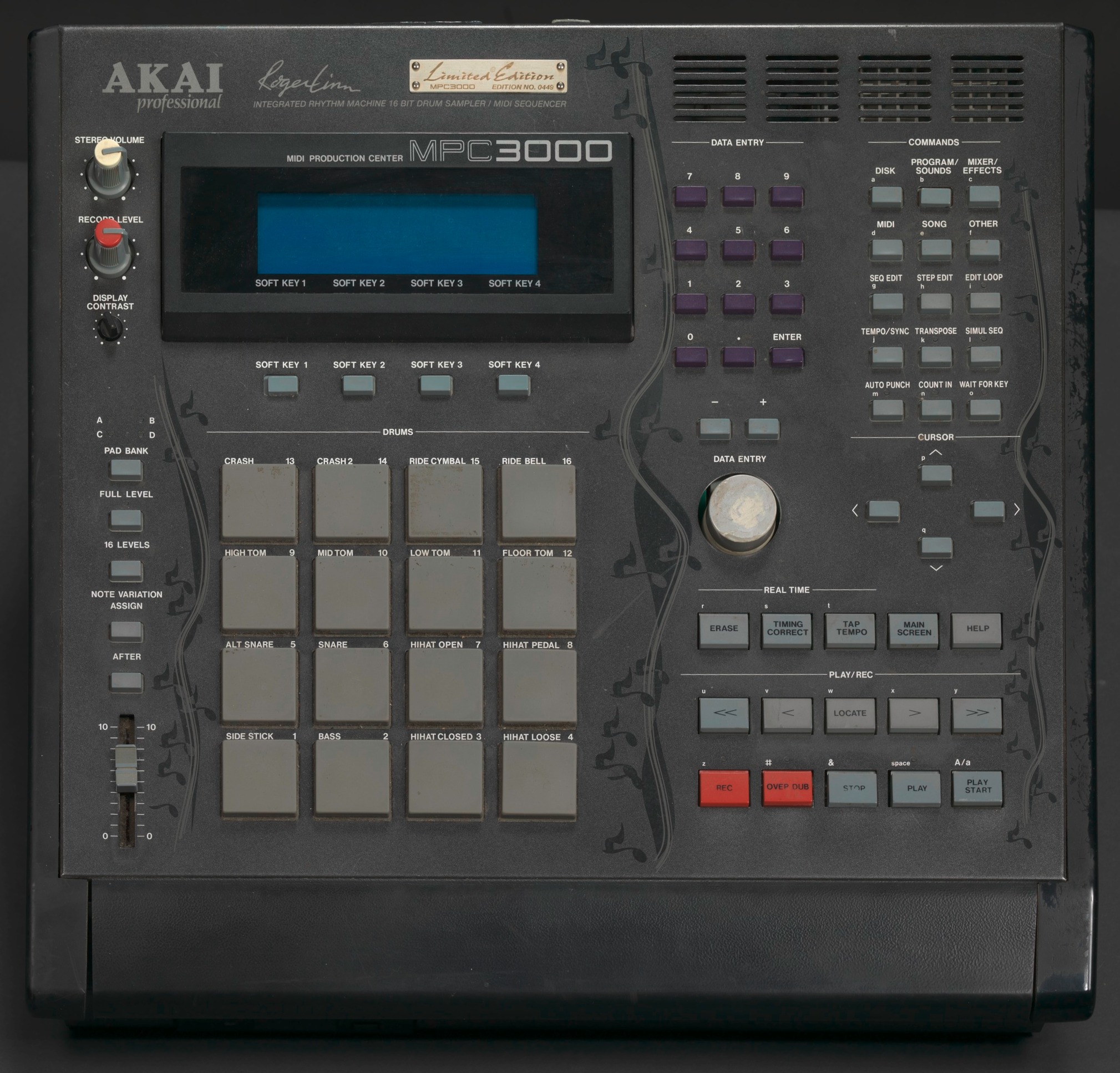 An Akai MPC 3000 seen from above: a screen, number keys, and sixteen square drum pads labeled with sounds such as snare, bass and hi-hat