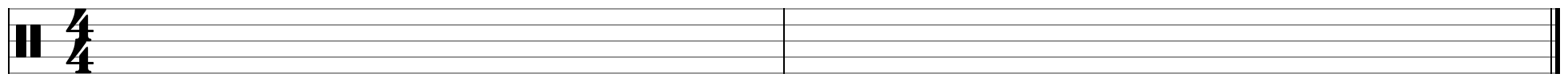 Two empty bars on a drum staff with a percussion clef and a 4/4 time signature