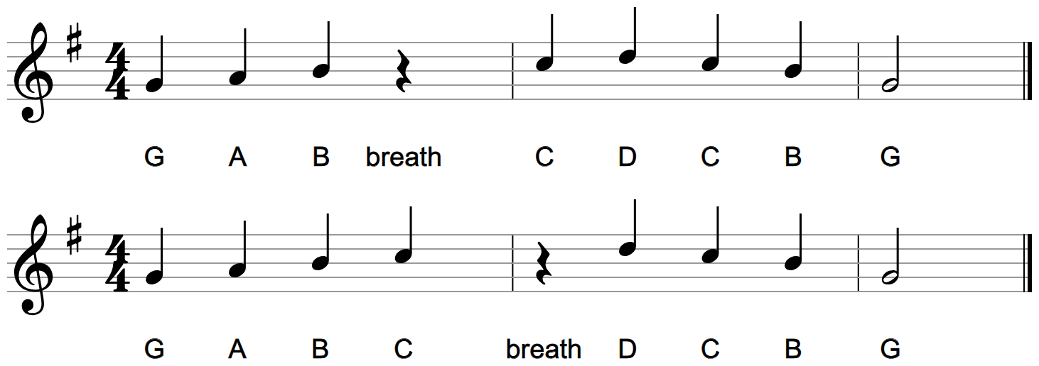The same eight-note melody written twice on the treble staff with a one-sharp key signature, once with a quarter rest after the third note and once with the rest after the fourth note