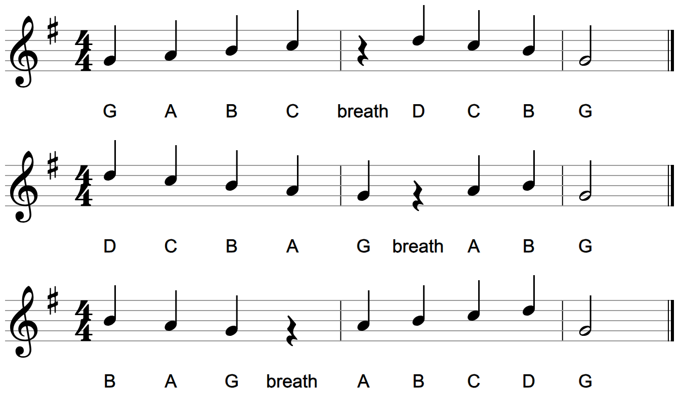 Three eight-note melodies on the treble staff with a one-sharp key signature, each with a quarter rest in a different place and letter names under every note