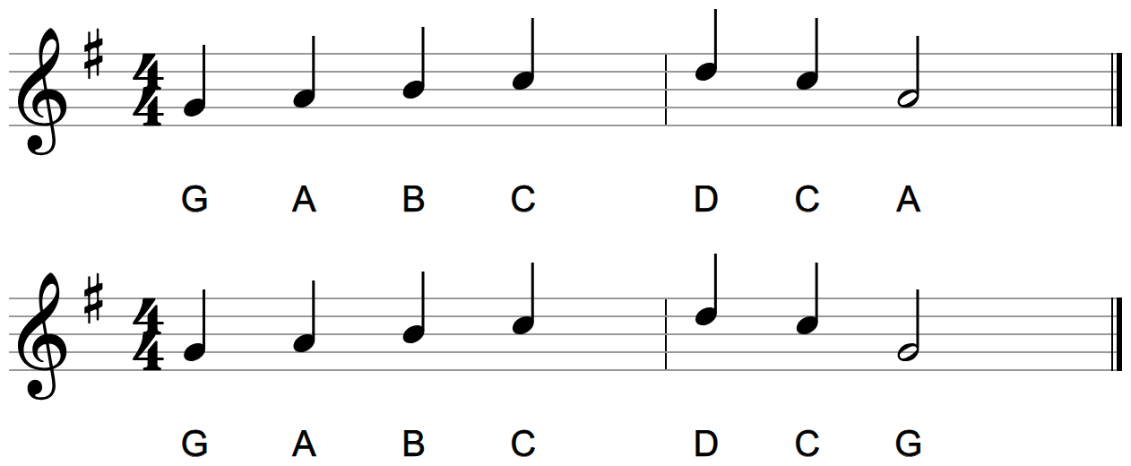 The same seven-note phrase written twice on the treble staff with a one-sharp key signature, the first ending on A and the second ending on G, with letter names under every note