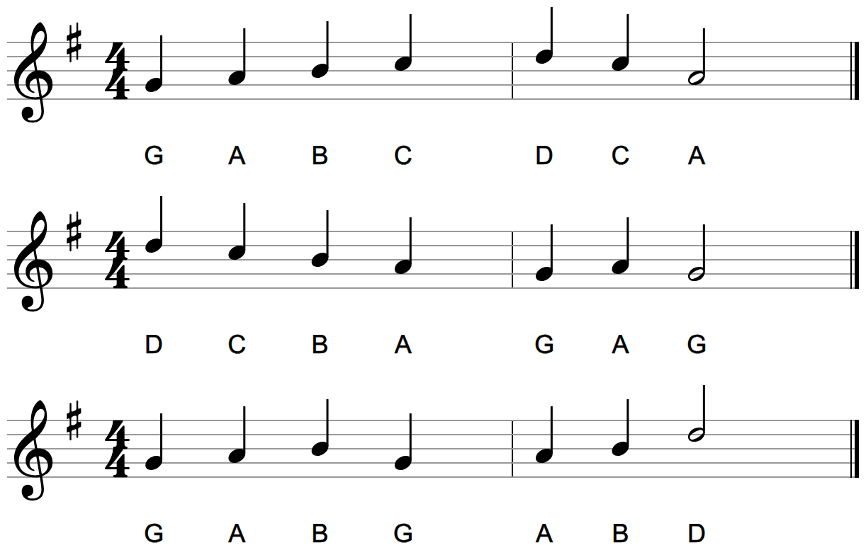 Three seven-note phrases on the treble staff with a one-sharp key signature and letter names, landing on A, on G and on D