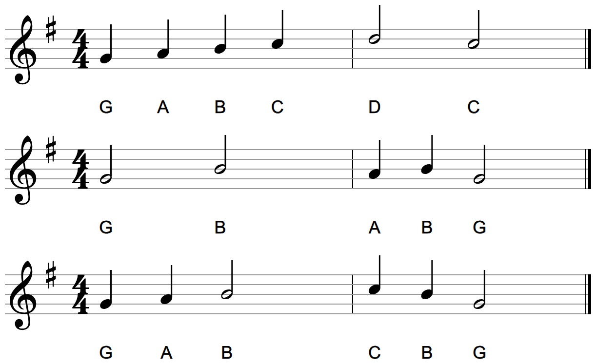 Three two-bar melodies on the treble staff in G major with letter names under each note, using quarter and half notes
