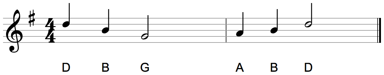 A two-bar melody on the treble staff in G major with letter names under each note, for the whole class to read at sight