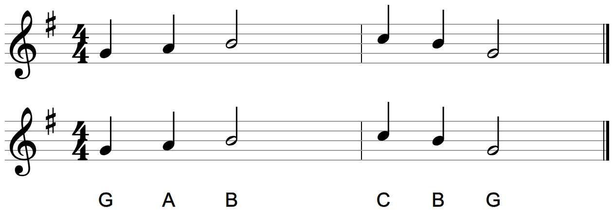 The same two-bar melody engraved twice on the treble staff in G major, the upper version with no letter names under the notes and the lower version with a letter under every note