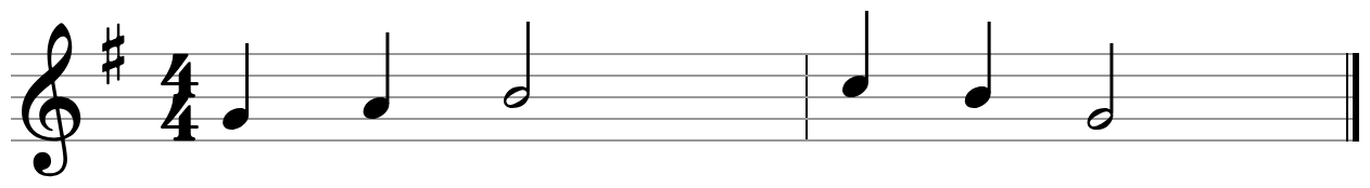 A two-bar melody on the treble staff in G major with no letter names under the notes
