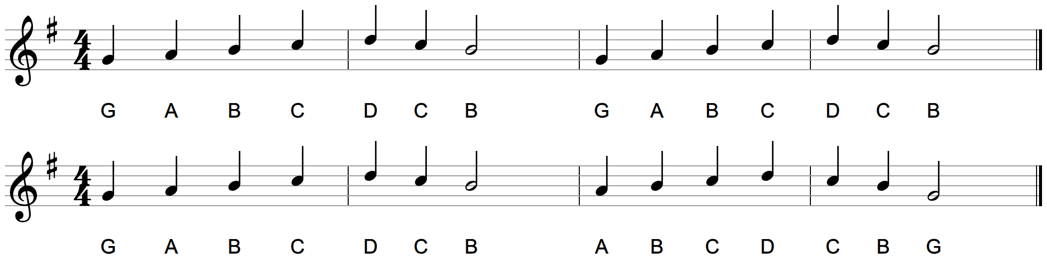 Two four-bar melodies on the treble staff in G major, one above the other, sharing the same first two bars; the upper one repeats those bars exactly while the lower one rises a step higher and ends on G