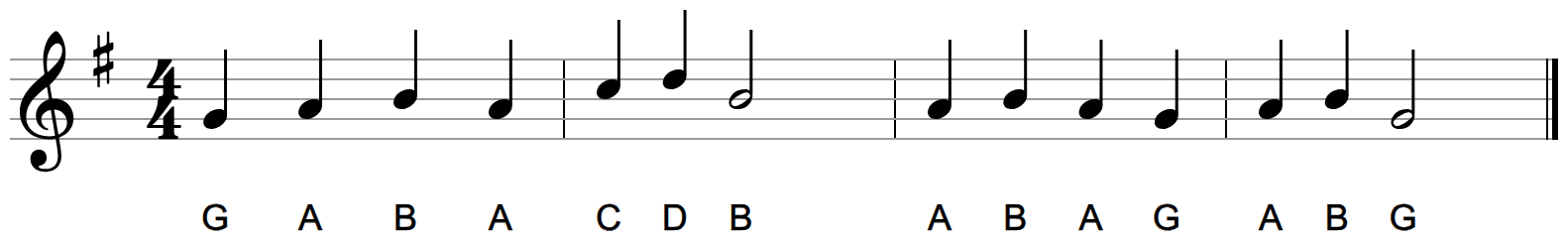 A four-bar melody on the treble staff in G major with letter names under each note, reaching its highest note in the second bar