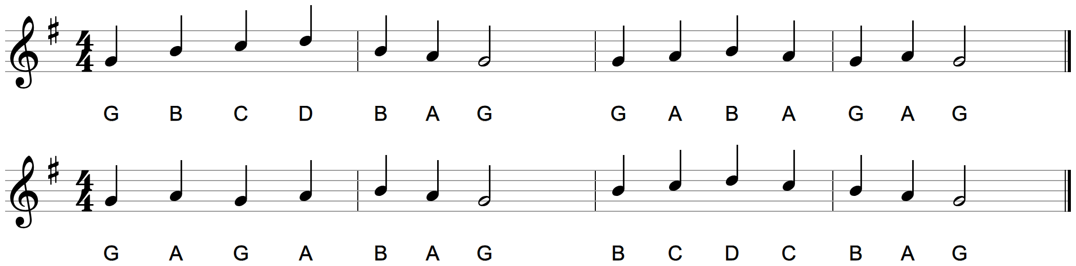 Two four-bar melodies on the treble staff in G major, one above the other, both reaching the same high D but in different bars - the upper one in bar 1 and the lower one in bar 3