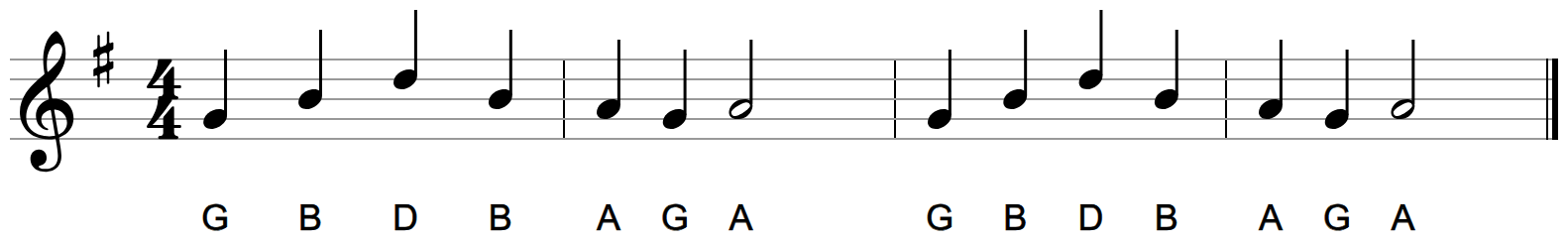 A four-bar melody on the treble staff in G major whose second two bars repeat the first two exactly, reaching a high D in bar 1 and ending on A