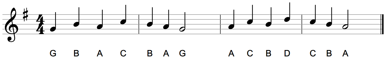 A four-bar melody on the treble staff in G major with letter names under each note, ending away from home