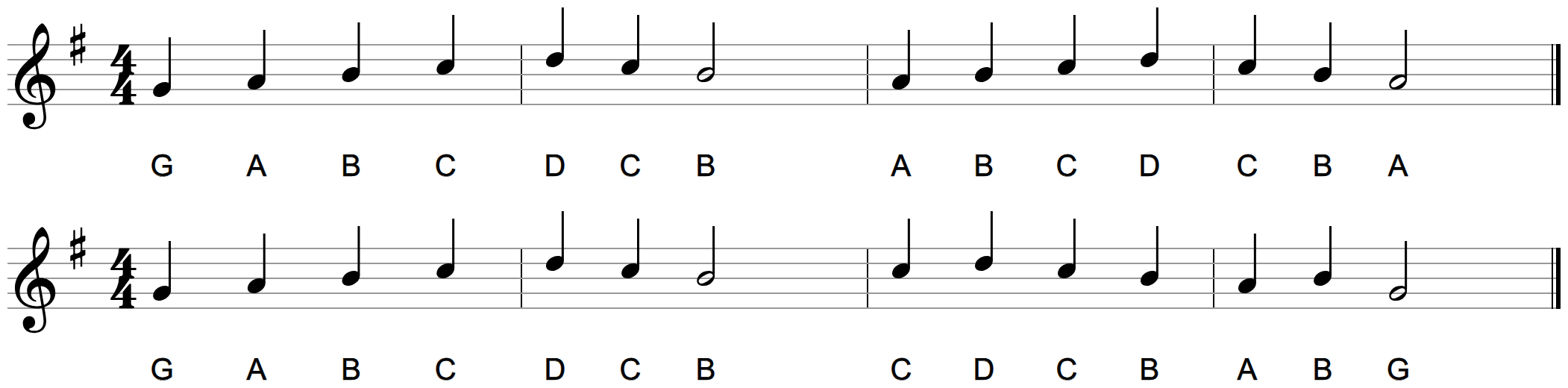 Two four-bar melodies on the treble staff in G major, one above the other: the upper is bars one to four, the lower is bars five to eight whose first half repeats the opening letters exactly and whose second half is different and ends on G