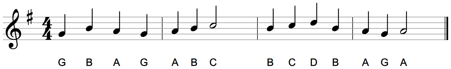 A four-bar melody on the treble staff in G major with letter names under each note and no dynamic markings